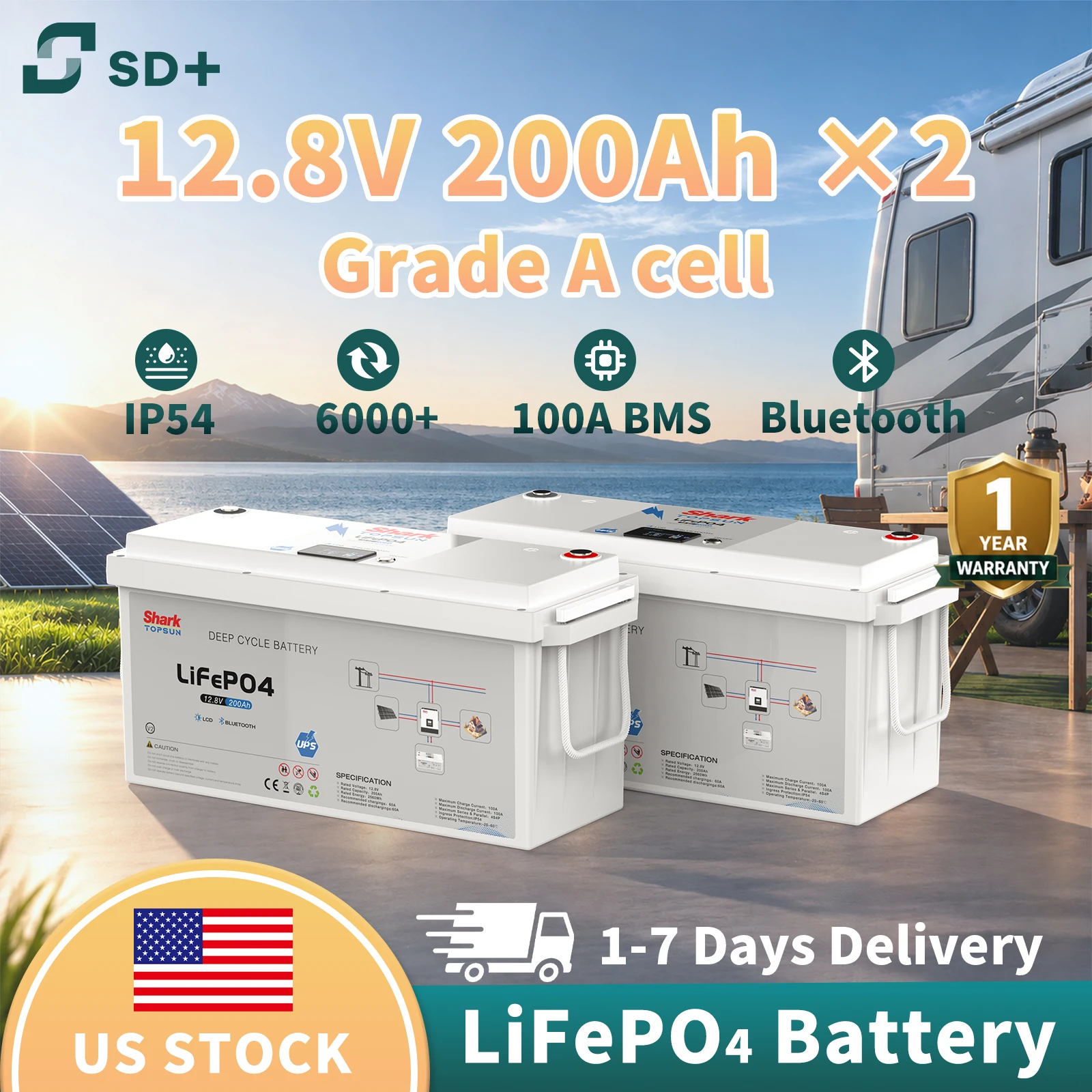 SANDISOLAR 2PCS 12V 200Ah LiFePO4 Battery 2560Wh Deep Cycle Lithium Battery 100A BMS 6000+ Cycles for Solar System RV Marine