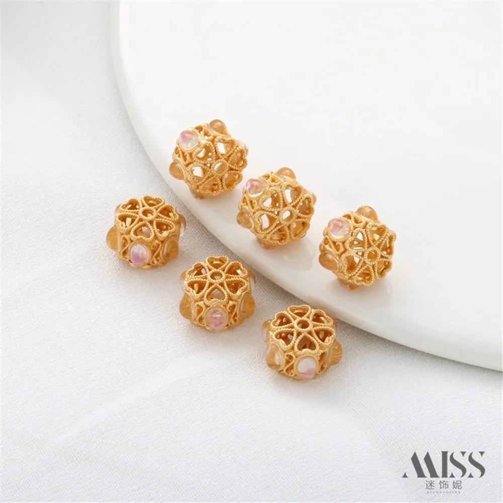 18K Gold Bag Color Matte Gold Dragonfly Eye Zircon Love Hollow Bead Diy Bracelet Necklace Sand Gold Jewelry Accessories