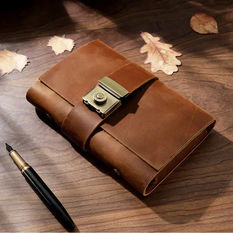 New Genuine Leather Personal Rings Planner Retro Password Book With Lock Diary Creative Portable Notepad School Student Stationa
