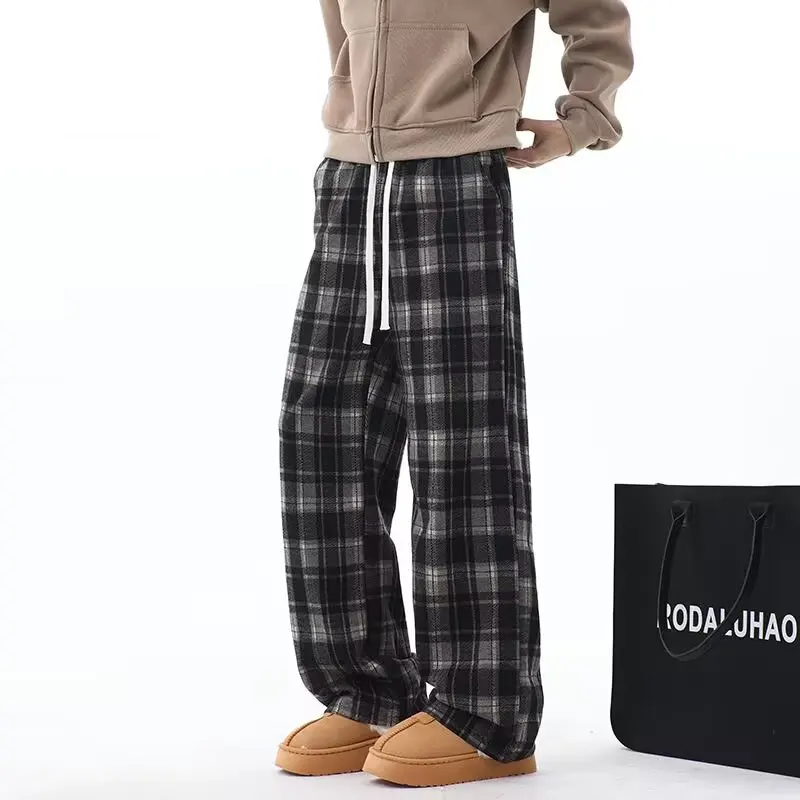 

Мужские повседневные брюки в американском ретро-стиле, в клетку, модные, плотные, свободные, широкие, в пол, с цветными вставками, прямого кроя