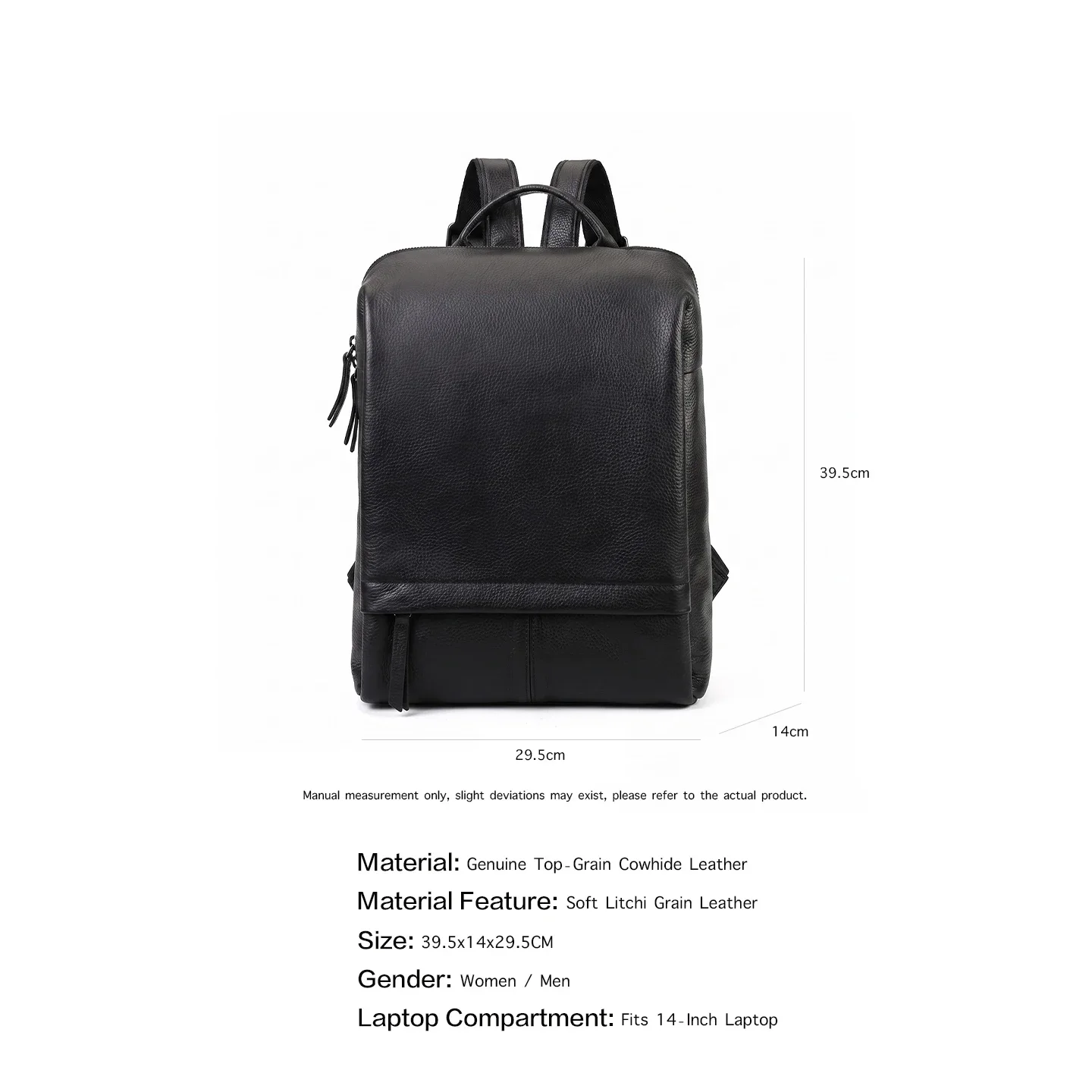 Genuine Leather Backpack Top Grain Cowhide Litchi Texture Rucksack Laptop Compartment Business Commute Travel School Daily Bag