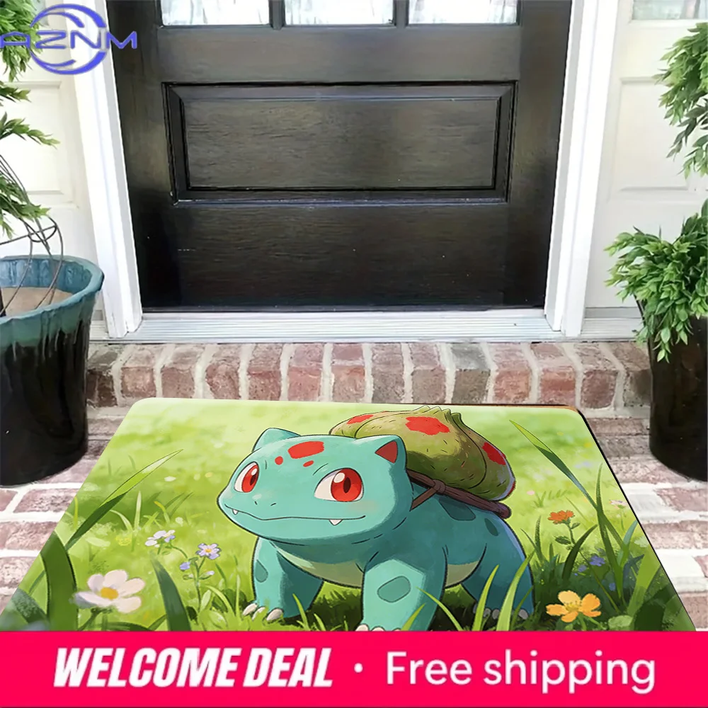 Cute Bulbasaur in Green Meadow Print Non-slip Doormat, Soft Absorbent Floor Rug for Home Decor