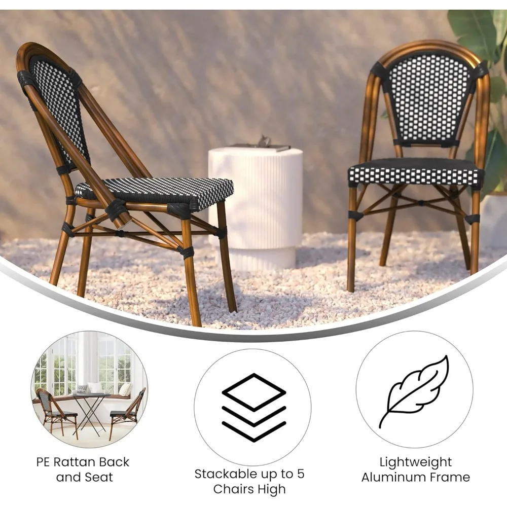 كرسي إيما وأوليفر سوي بيسترو: مقعد وظهر من البولي إيثيلين المنسوج باللونين الأبيض والأسود، إطار من الألومنيوم على طراز الخيزران، مناسب لأنا