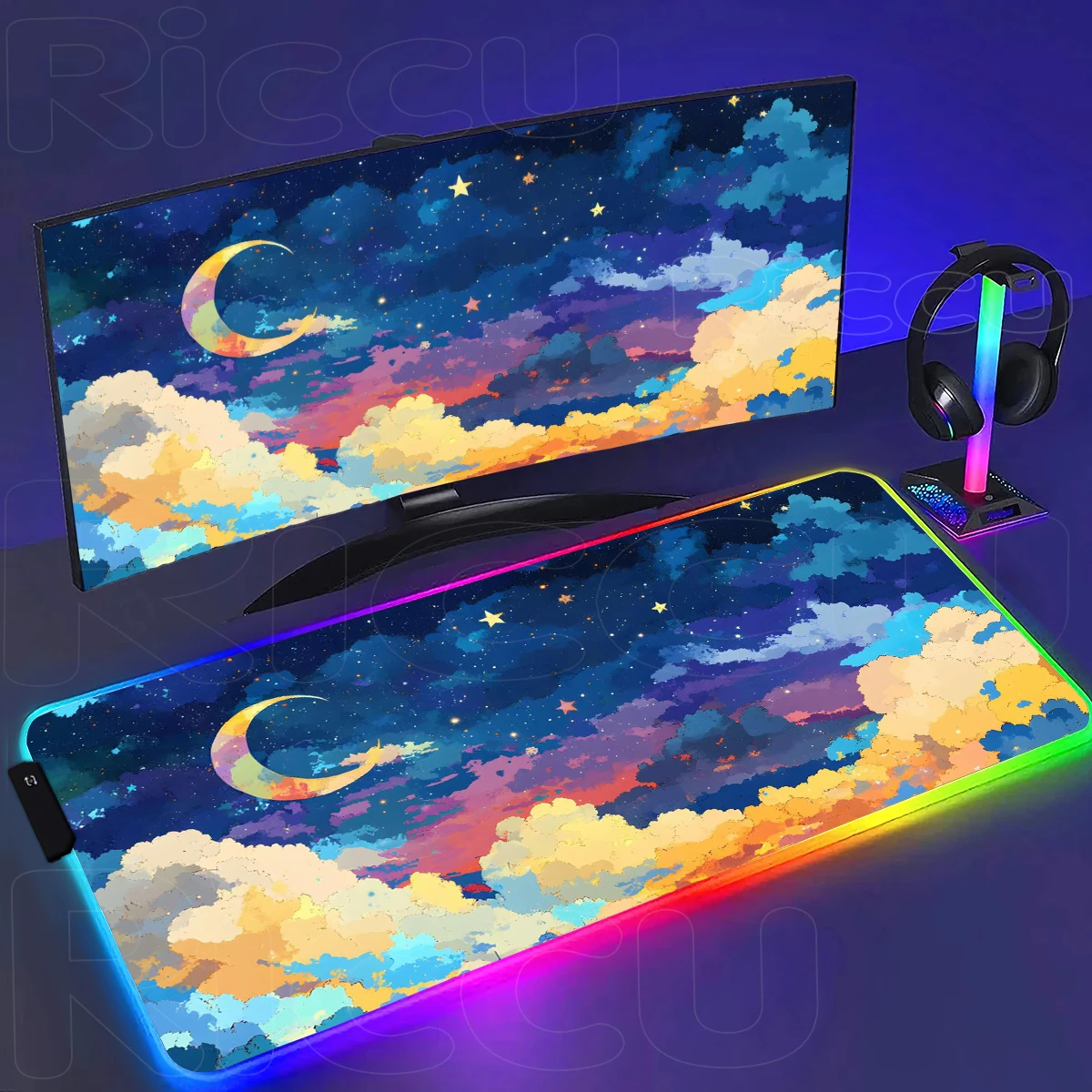 

RGB Japan anime night starry sky cartoon Mouse pad Printing Computer Gamers Locking desk PC accessories LED Keyboard XXL DeskMat