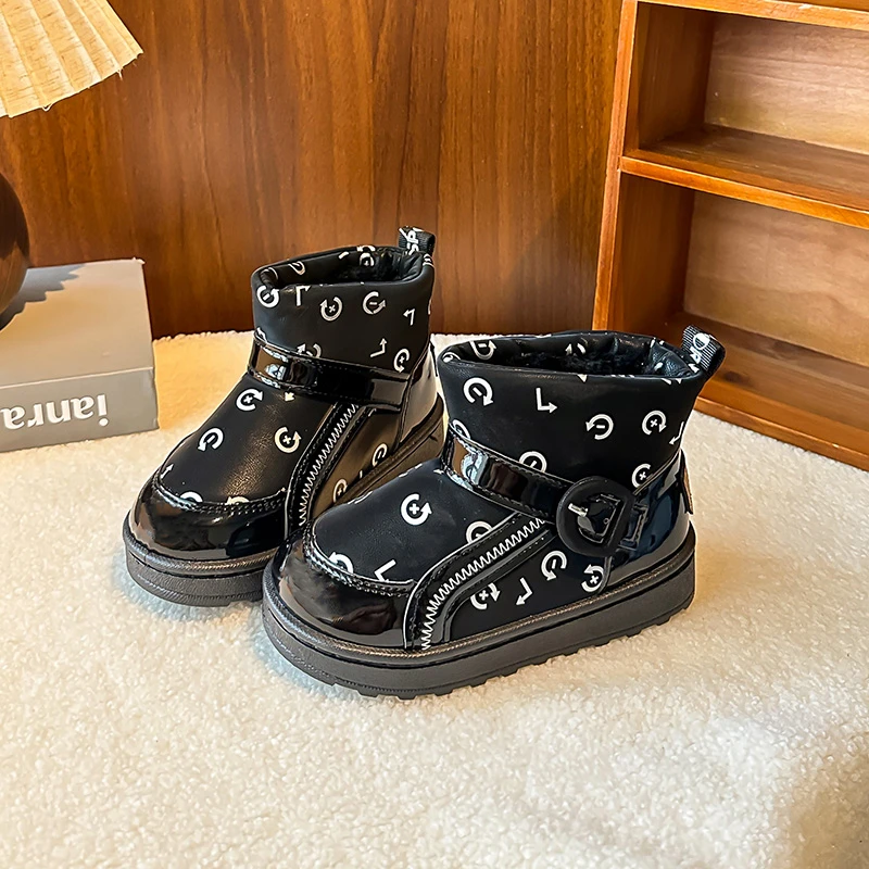 Children's Fur-like Plush PU Waterproof Snow Boots Winter Fashion Print Thickened Warm Velvet Cotton Shoes for Girls and Boys.