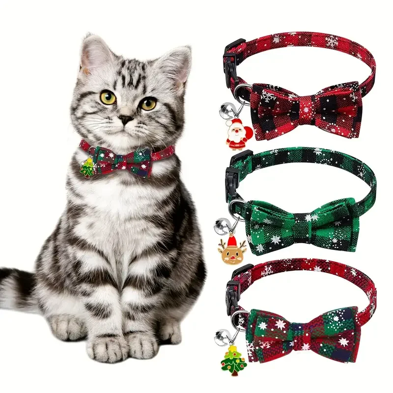 

Christmas Bowknot Cat Dog Collar with Bell Adjustable Breakaway Pet Puppy Kitten Safety Buckle Bowtie 2026 New Year Gifts
