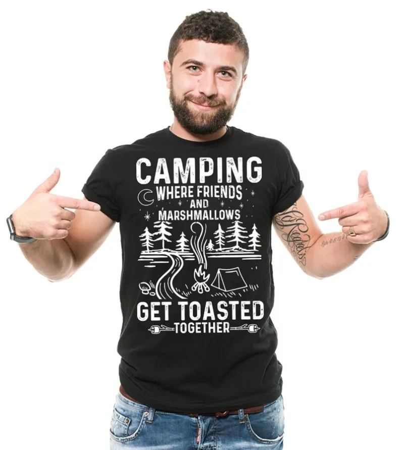 Men Short T-Shirt Funny Camping Quote Printed Graphic Tee Soft Black Top for Outdoor Adventure Friends Gathering Wear