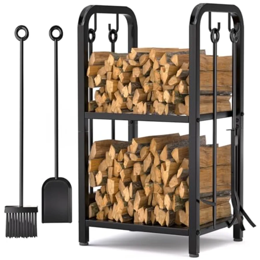 

Firewood Rack Indoor 2-Tier Firewood Rack Outdoor with 4 Pieces Fireplace Tools Set Heavy Duty Log Wood Holder for Fireplace Fi