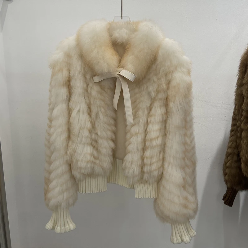 Women Winter Thick Real Fox Fur Collar Sweater Cuff and Bottom Knitted Jacket Overcoat