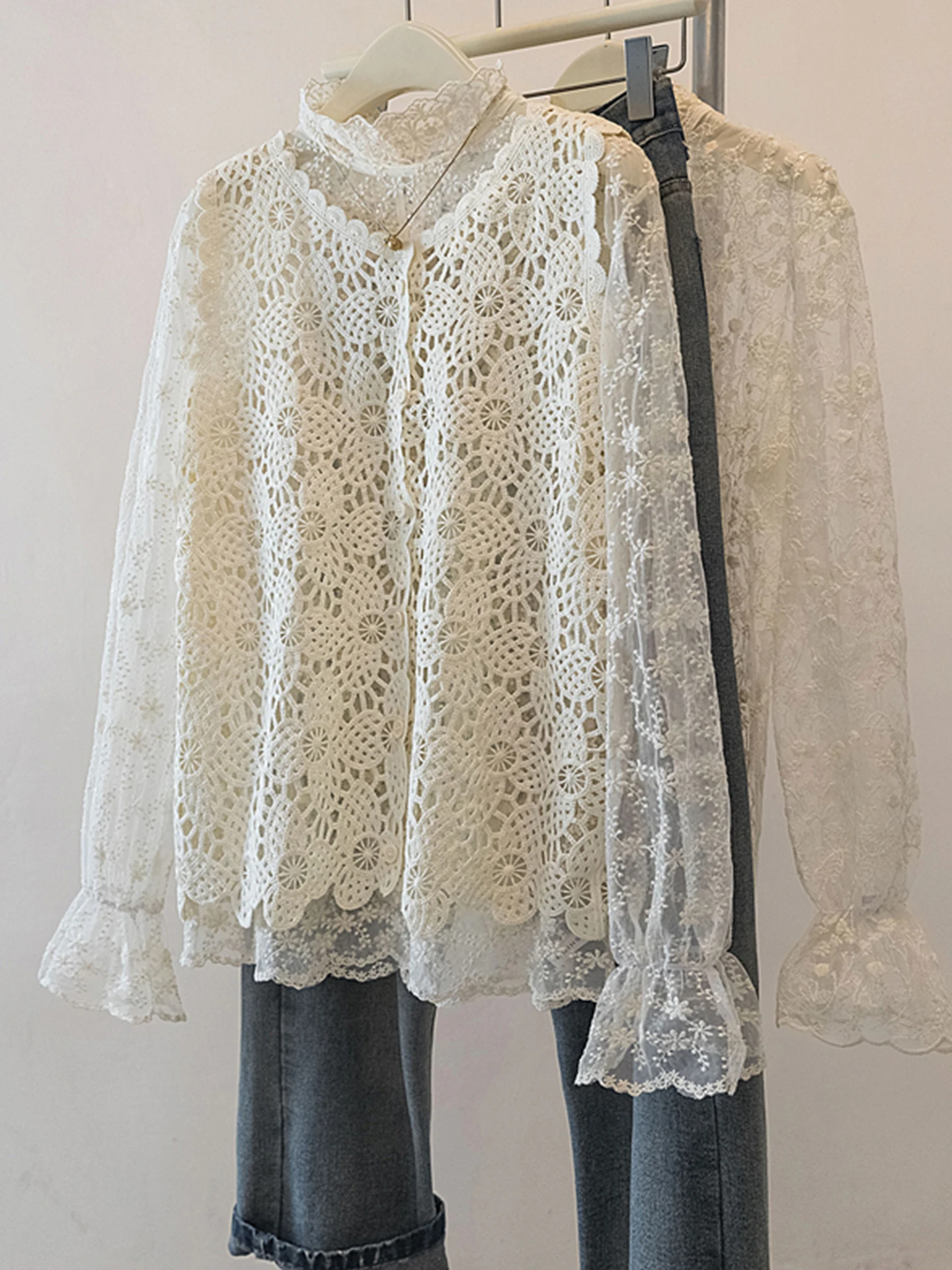 

Женская блузка Ele Lace Base с полувысоким воротником, весенняя, больших размеров, с эффектом похудения, в корейском стиле, свободного кроя, с длинными рукавами