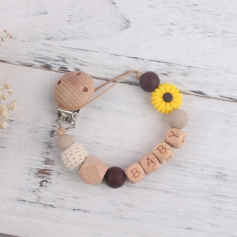 Chupete de madera hecho a mano de silicona con nombre personalizado, cadena de dentición segura, mordedor, soporte