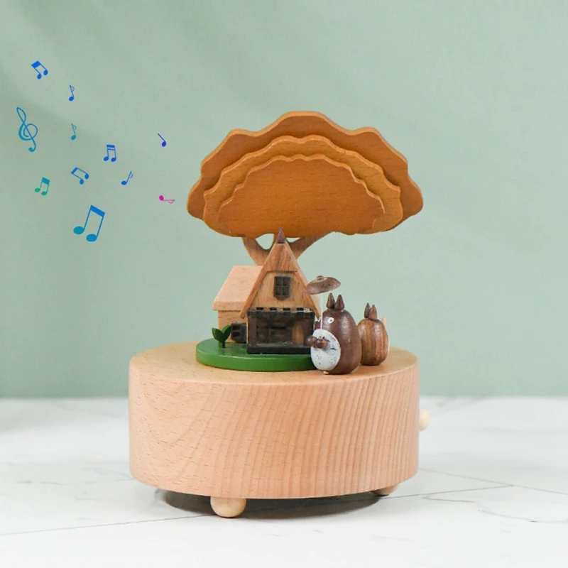 Caja Musical Giratoria de Madera con Diseño de Gatos Totoro Bajo el Gran Árbol, Regalo para el Día del Niño, Recuerdo de Boda, Regalo de Navidad