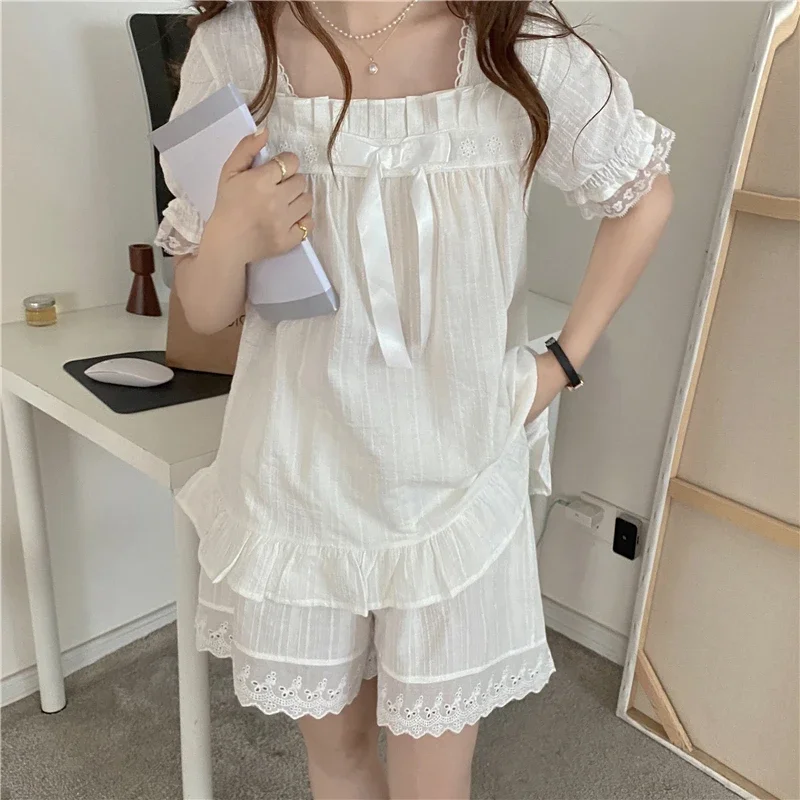 lolita princess vintage pure cotton pajama set women summer 2 piece set short sleeve pullovers shorts suit loungewear lady Y741