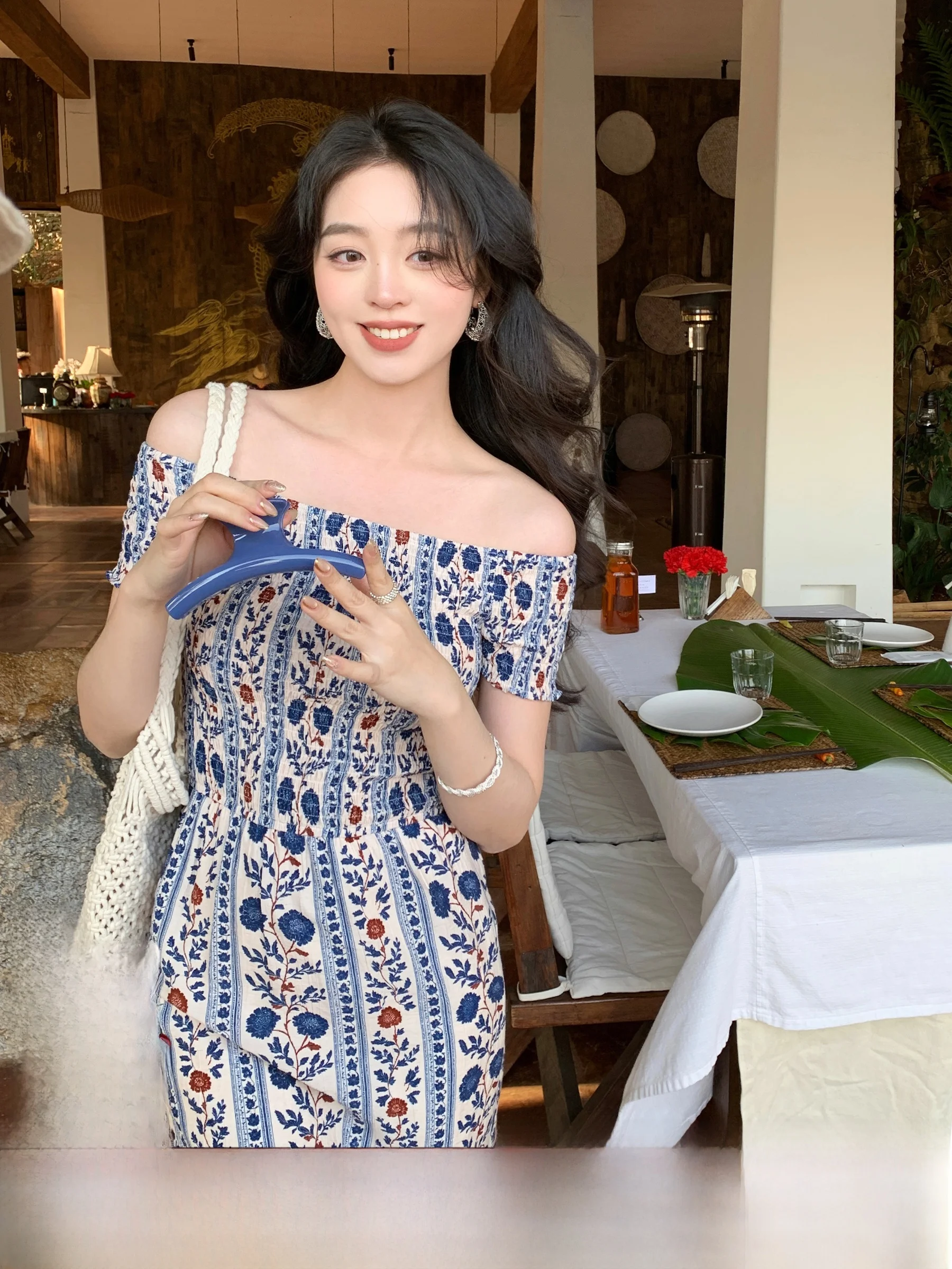 

Spring New Arrival SYT Blue And White Porcelain Slim Fit One oulder Floral Print Dr Comfortable Breathable ort Sve ...