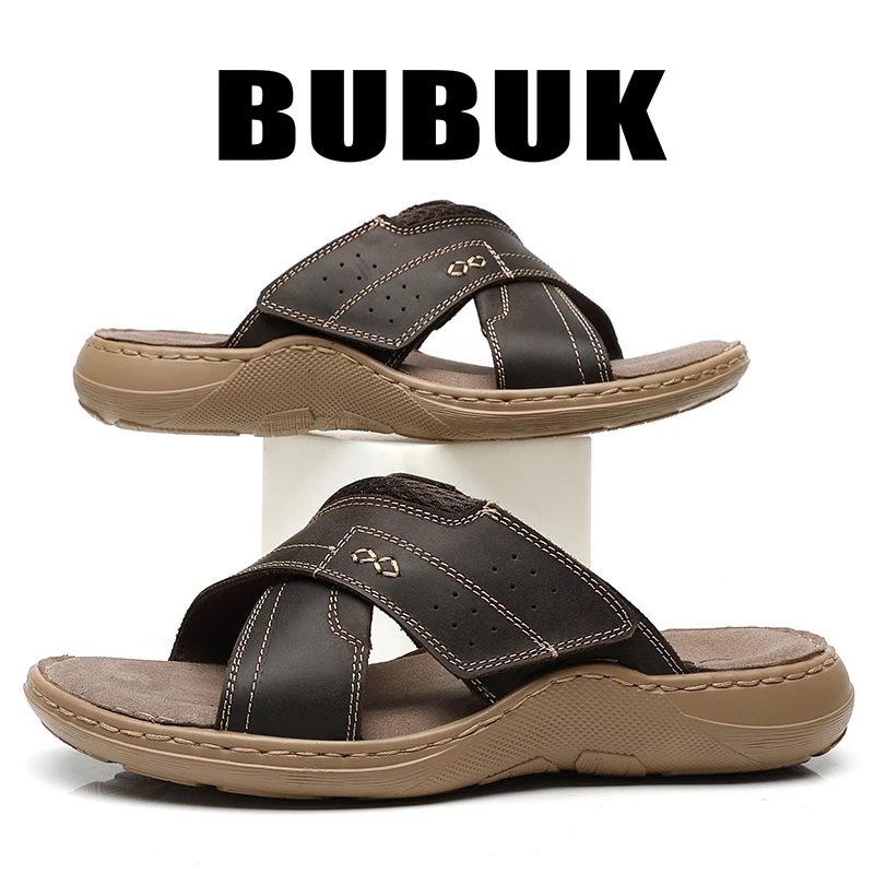 Bubuk Men's Fashion Slippers with First Layer Cowhide, Adjustable Velcro Casual Slippers, Soft Sole Non-Slip Outdoor Slide Slippers
