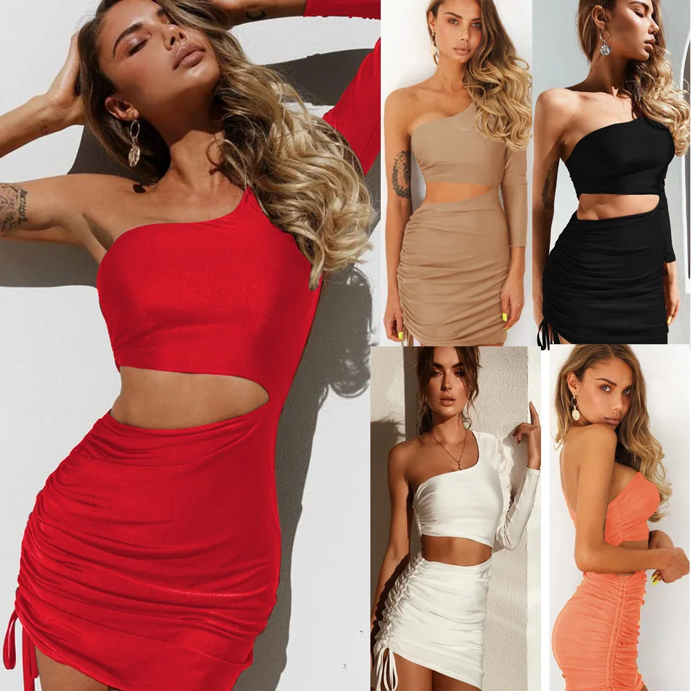 

Sexy women's clothing; single-shoulder long-sleeved lace-up dress; hip-hugging dress; backless pleated hot- short dress; dress.