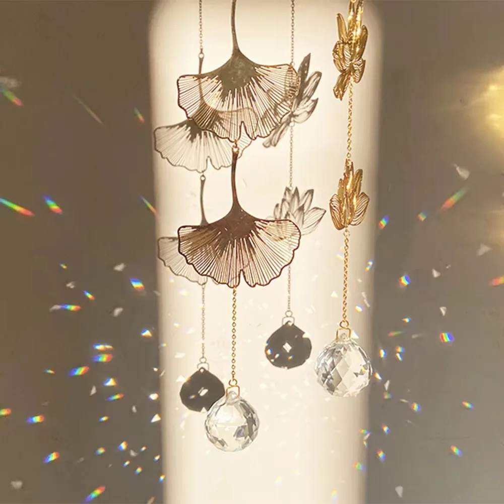 New Hanging Decoration Sun Catcher Window Art Gift Crystal Suncatcher Lotus & Ginkgo Leaf Crystal Wind Chime Garden