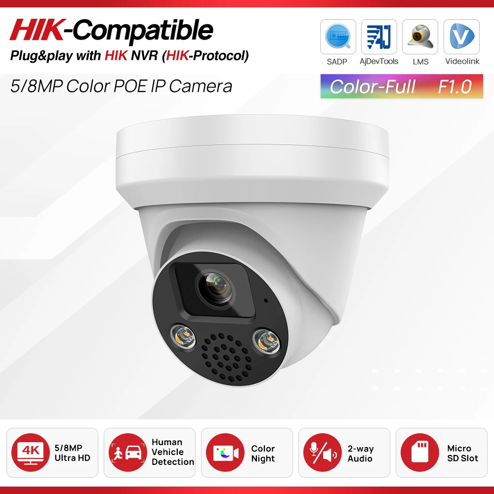 

Summer Sale Hikvision Compatible 5MP 8MP Colorvu POE IP Camera 2-Way Audio SD card Slot Surveillance CCTV Camera support HIK NVR