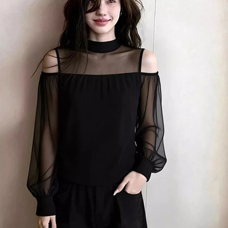 

Elegant Women Blouse With Sheer Lantern Sleeves And High Neckline Loose Fit For Office Wear
