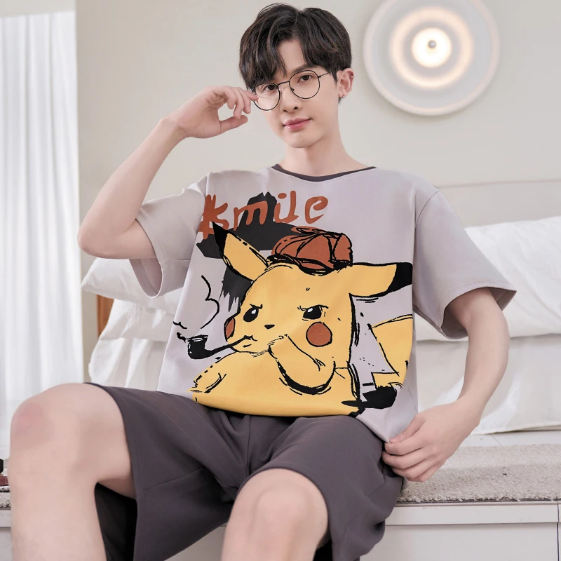 New 2024 Men Pajamas Sets For Sleeping Student Cartoon Sleepwear Short Sleeves Homewear Quick Drying Boy Summer Loungewear Suits