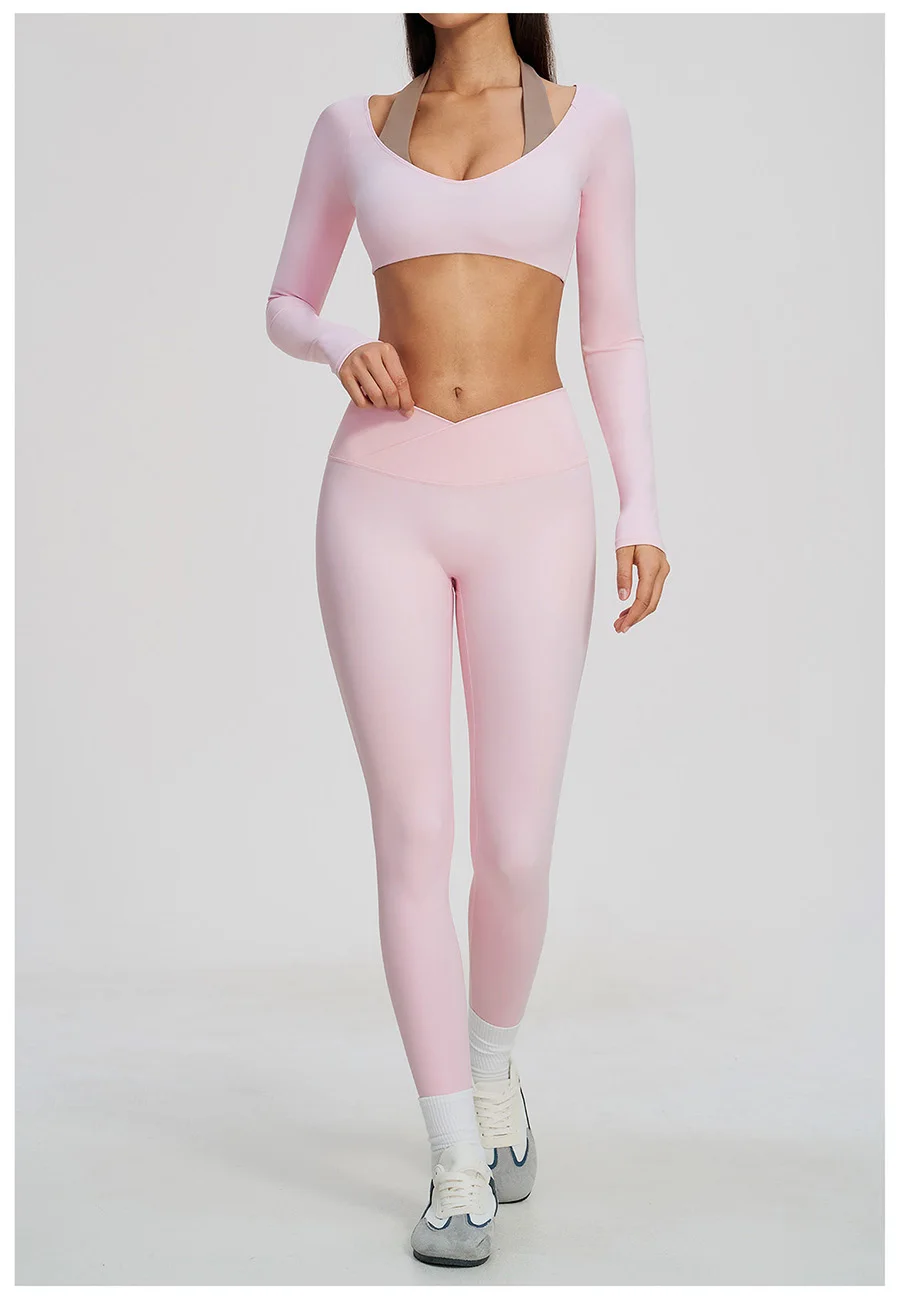 Yoga-Set 2-teilig, Fitnessbekleidung, Trainingsanzug, Lauf-Sportbekleidung, Outfit, hochtailliert, weites Bein, langärmeliges Crop-Top – Detail 21
