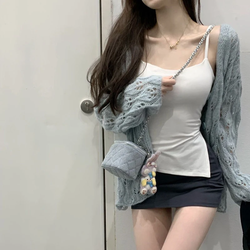 Lucyever Autumn Thin Hollow Out Knitted Cardigan Women Sexy Long Sleeve Shawl Button Sweater Woman Casual Sun Protection Outwear