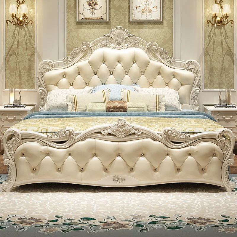 Europäisches Doppelbett aus Leder, modernes, schlichtes Prinzessinnen-Hochzeitsbett aus Massivholz mit Stauraum, Schlafzimmermöbel für das ganze Haus