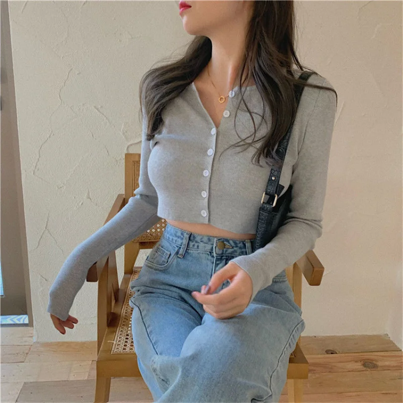 Nuovo stile coreano o-collo maglioni lavorati a maglia corti donna Cardigan sottile manica moda protezione solare Crop Top Cardigan