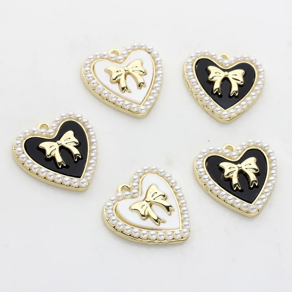 Zinc Alloy Charms Imitation Pearl Bow Heart Charms 21mm 2PCS For DIY Jewelry Making Bulk Wholesale Earring Charms