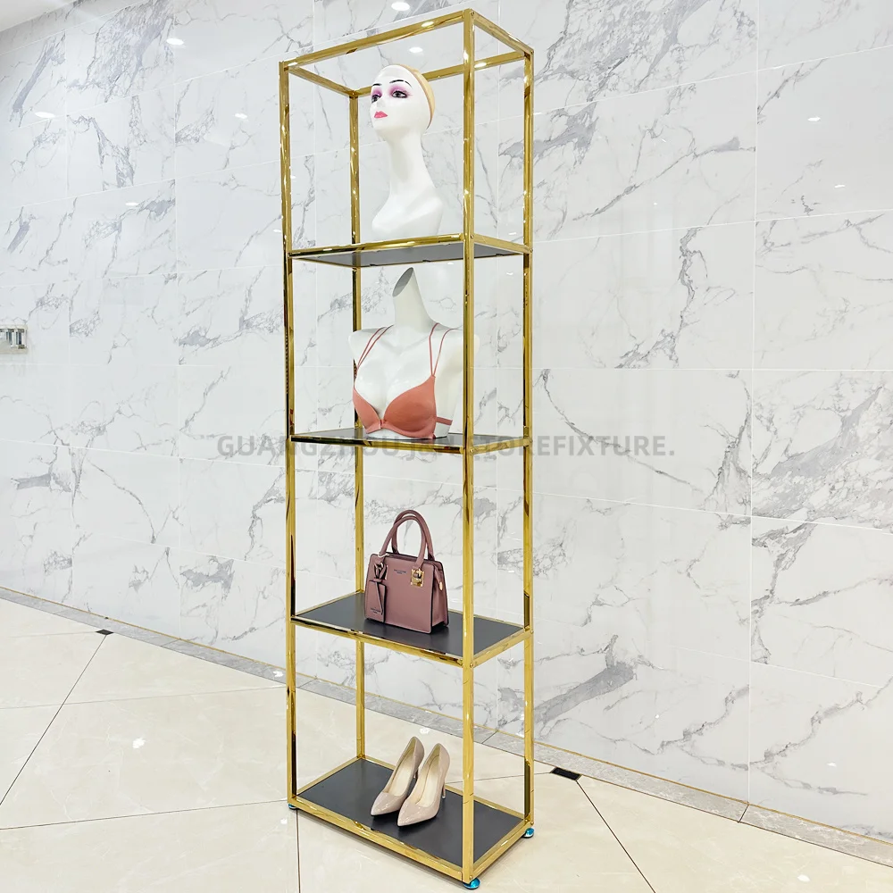 Personalizzato. Espositore per negozio di parrucche in acciaio inossidabile oro lucido Parrucca per manichino 4 strati Scaffali espositivi Scaffali per negozi di borse