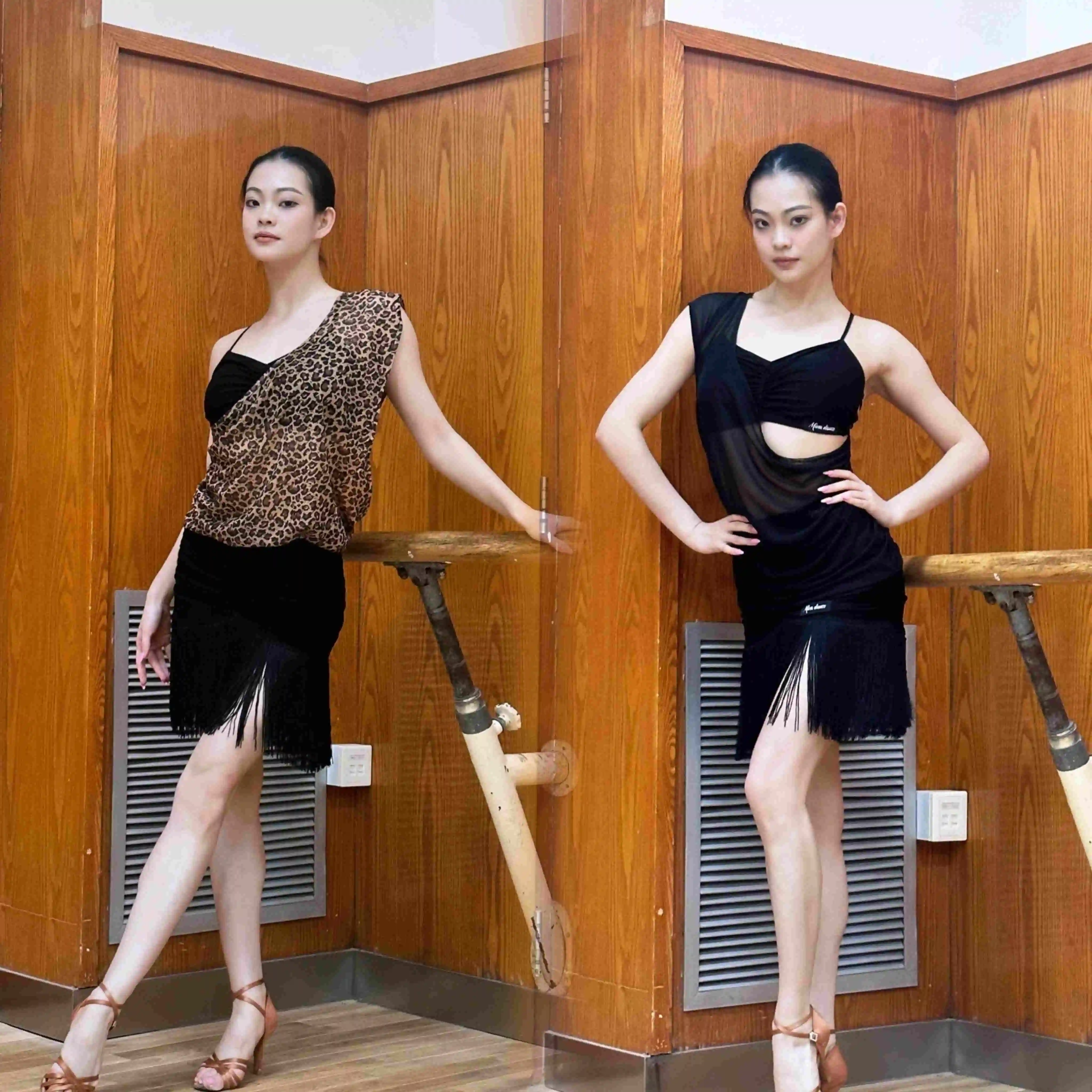 

2025 New Latin Dance Performance Costumes For Women Hoodie Tops Tassel Skirts Suit Chacha Rumba Tango Adult Latin Dress DQS19300