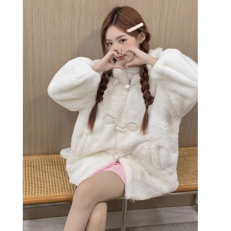 Lautaro Winter Oversized Warm White Faux Fur Coat Women ith Bunny Ears Kawaii Sweet Cute Japanese Style Fluffy Jacket Hoodie