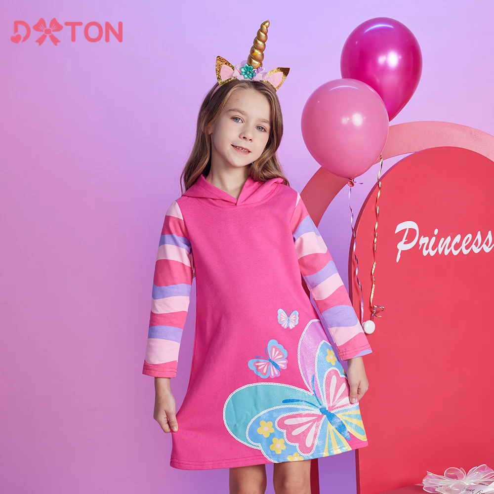 

DXTON Hoodies Girls Dresses Winter Striped Sleeve Children Clothing Hooded Kids Dress Butterfly Floral Girls Casual Costumes