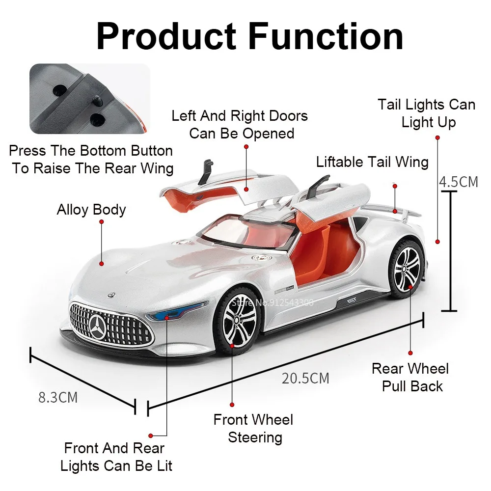 1:24 ONE VISION GT Alloy Sports Car Diecast Model Toys Doors Opened Sound Light Pull Back Metal Vehices for Hobby Ornaments Gift