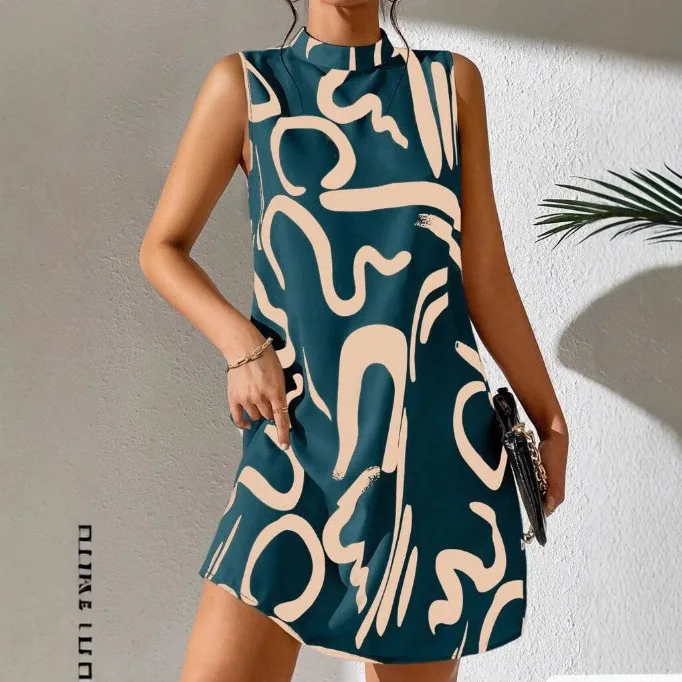 Printed Women's Dress, Fashionable Women's Dress, 2025 Summer Trend Women's Round Neck Printed Sleeveless Pullover Dress