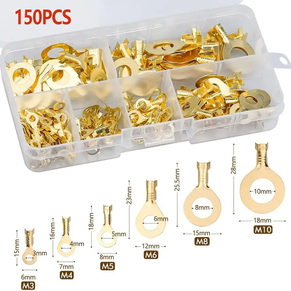 

150 шт. O-образные неизолированные медные кольцевые клеммные колодки M3 M4 M5 M6 M8 M10 Ассортимент обжимных разъемов для проводов холодного прессования