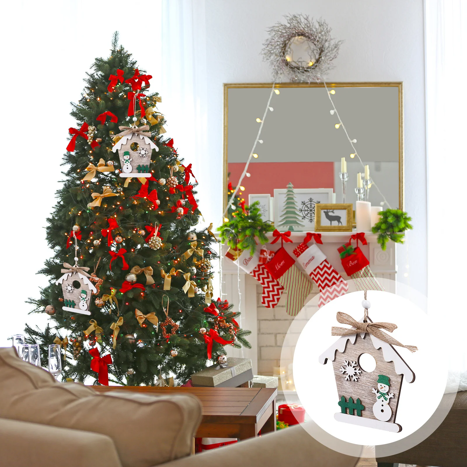 

Wooden House Pendant Christmas Ornament Party Decor Supply Easy to Hang Simple Wood Color Creative Hanging Pendant