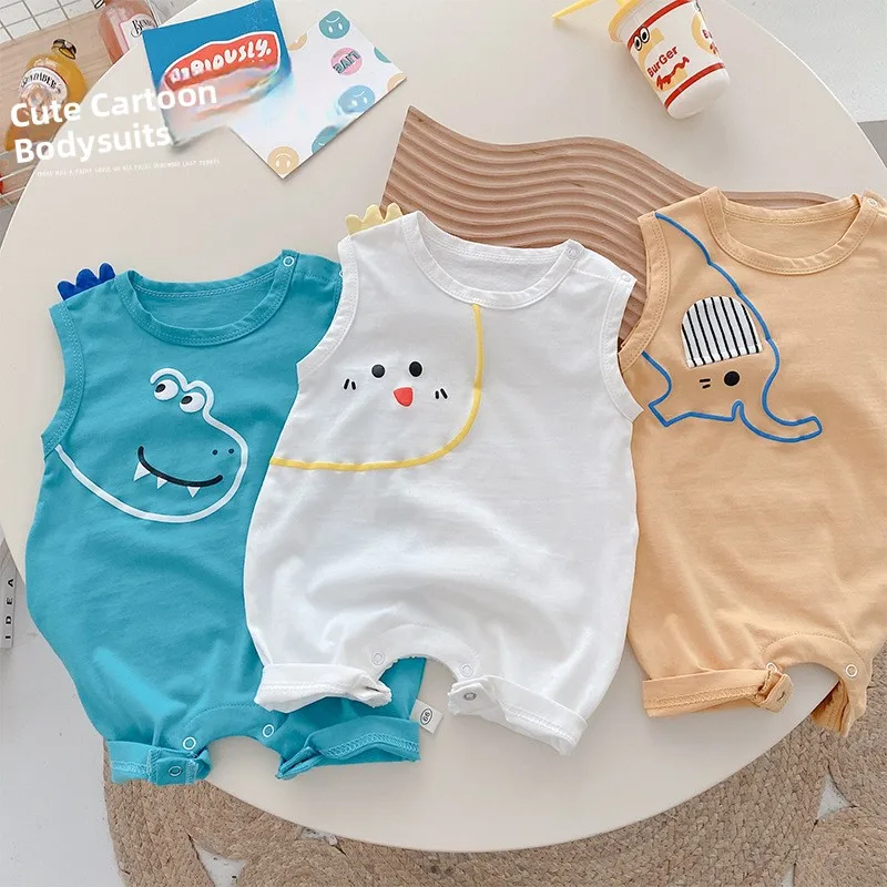 

Летний легкий комбинезон для новорожденных девочек с рисунком слонёнка, удобный хлопковый комбинезон с низкой талией