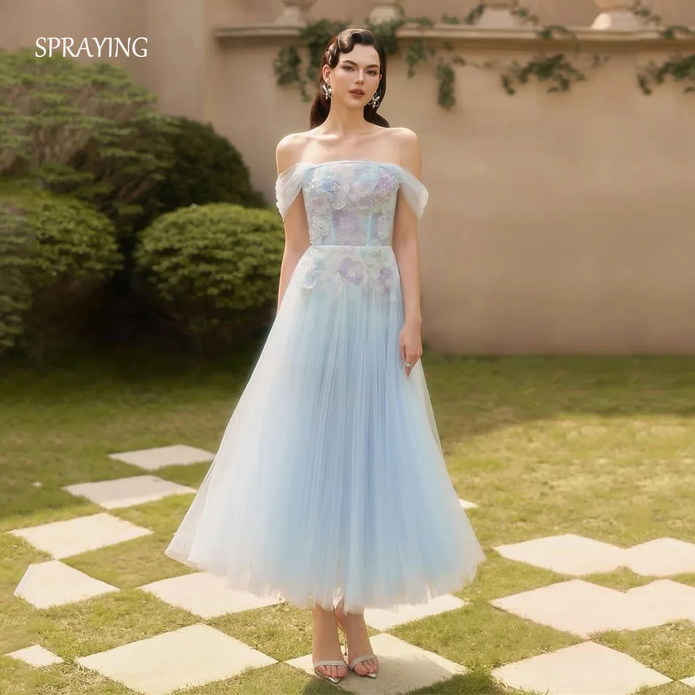 SPRAYING luxe Tulle dentelle robe de soirée bleu bretelles robe de soirée formelle une ligne cheville longueur dubaï arabe robe de bal personnalisé