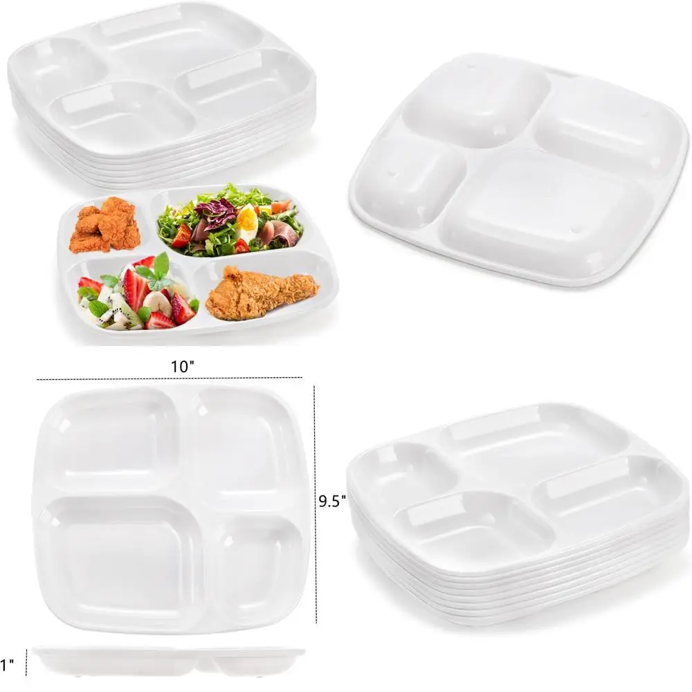 

8 pcs divided meal tray, 10 inch melamine dinner plates for adults, sectional 4 compartments portion control plate reusable ser