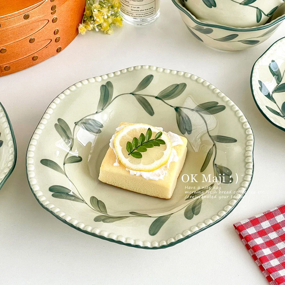 Chic Dessert Cake Ceramic Plates Home Kitchen Dinner Tableware Underglaze Colour Porcelain Green Leaf Pattern Plate Dishes
