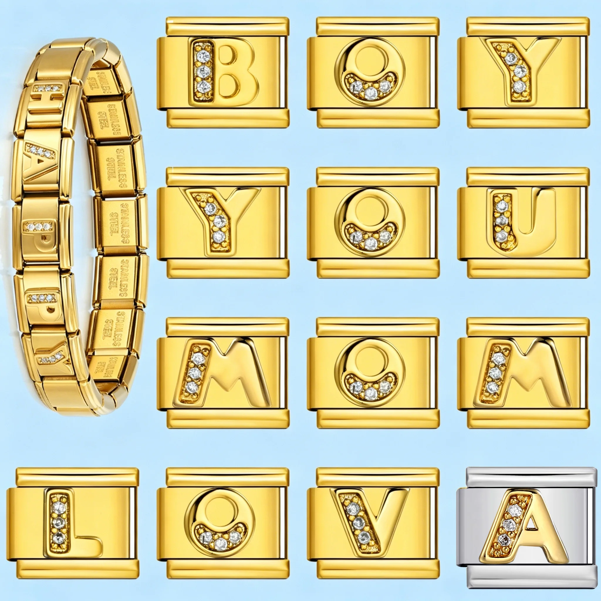 URING A-Z 26 Englische Buchstaben Tägliche Goldfarbene Italienische Charm-Links Passend für 9mm Edelstahl-Armbänder DIY Schmuck für Damen und Herren – Detail 1