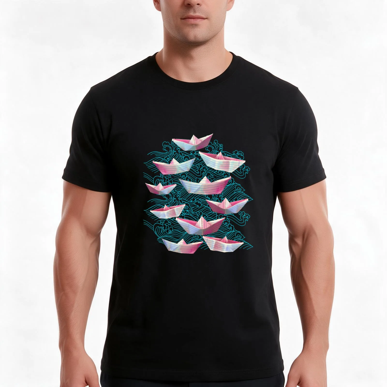 Japanese waves and paper boats T-Shirt Summer Casual Cotton Tee Oversized Streetwear Tops Vintage Graphic Print 100% Cotton