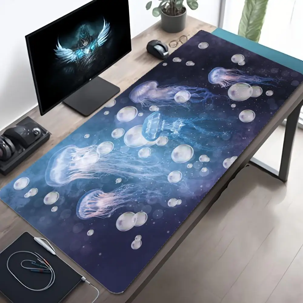 Deep Sea Glowing Jellyfish Mouse Pad Large Anti-Slip Rubber Gaming MousePad Durable Stitched Edge for Office Gaming Desk Mats