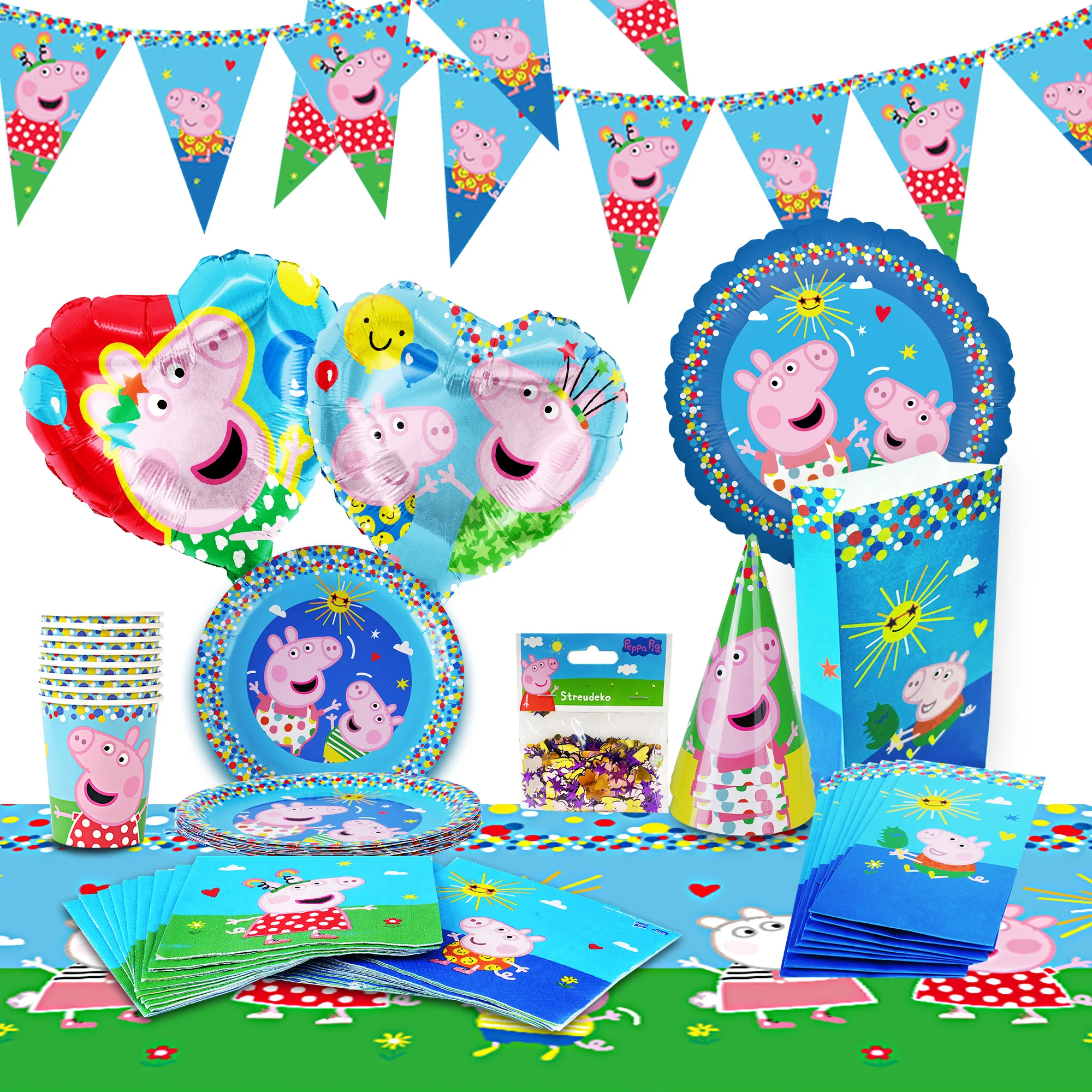 Peppa Pig 62PCS Party Supplies Foil Balloons Tablecloth Plates Cups Napkins Gift Bags Hats Banner Stickers Birthday Decoration
