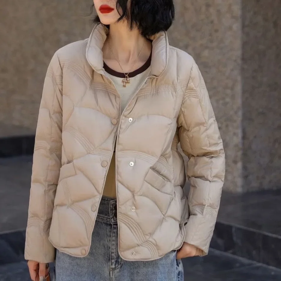 Casual Warm Light Down Jacket for Women, White Duck Down Stand Collar Puffer Jacket Loose Auspicious Cloud Embossed Coat Fashion