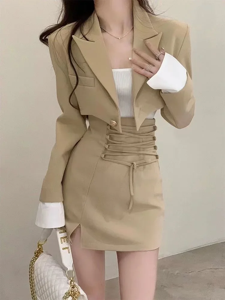 

2 Piece Dress Set Women Casual Y2k Crop Tops Elegant Jacket Coats + Mini Skirts Korean Fashion Suits 2025 Spring Blazers Dress