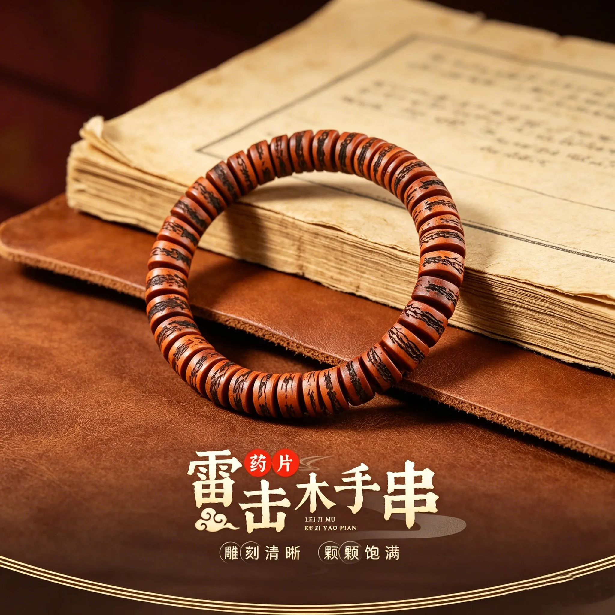 Traditional Chinese Natural Thunder Struck Jujube Wood Carved Flat Bead Bracelet Lucky Blessing Fortune Attracting Taoist Style