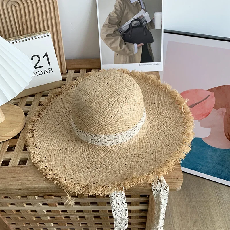 Sweet lace Straps Summer Straw Hat Handwoven Lafite Sun Hat Retro Travel Sunscreen Beach Vacation Hat for Adult Holidays