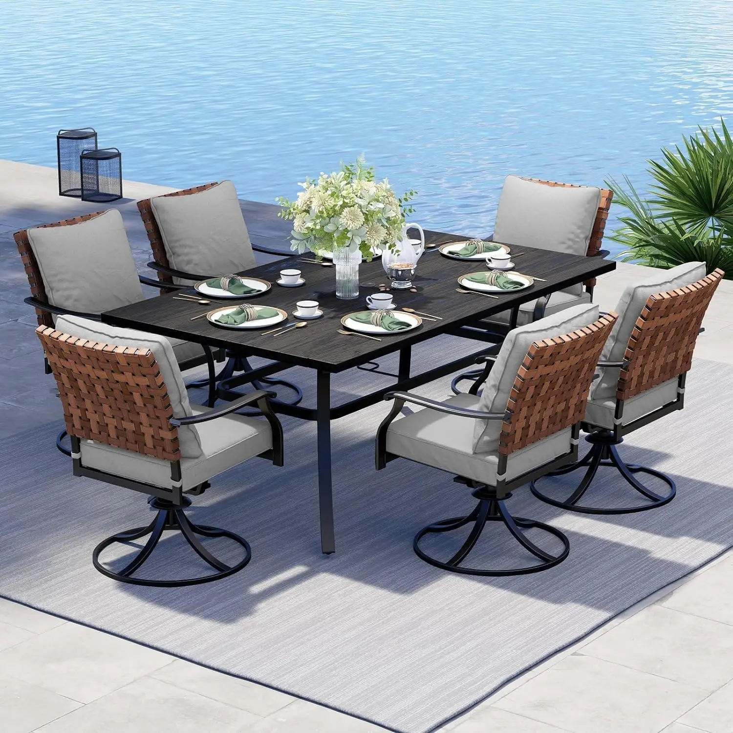 7-Piece Outdoor Dining Set 6 Leather-Look Wicker Swivel Patio Chairs & 1 Rectangular Dining Table